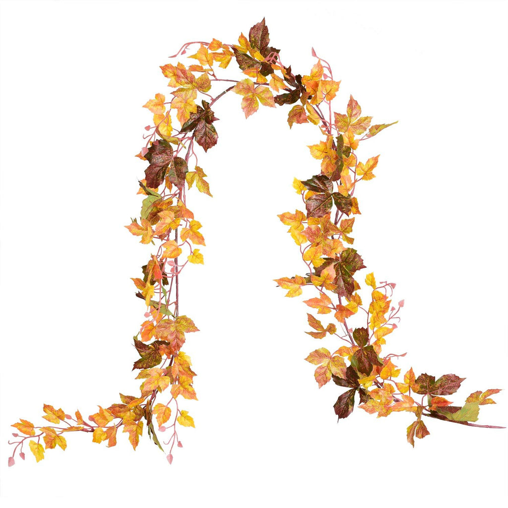 Artificial maple leaf vine garland with autumn foliage in orange, yellow, red, and green, displayed on a white background.