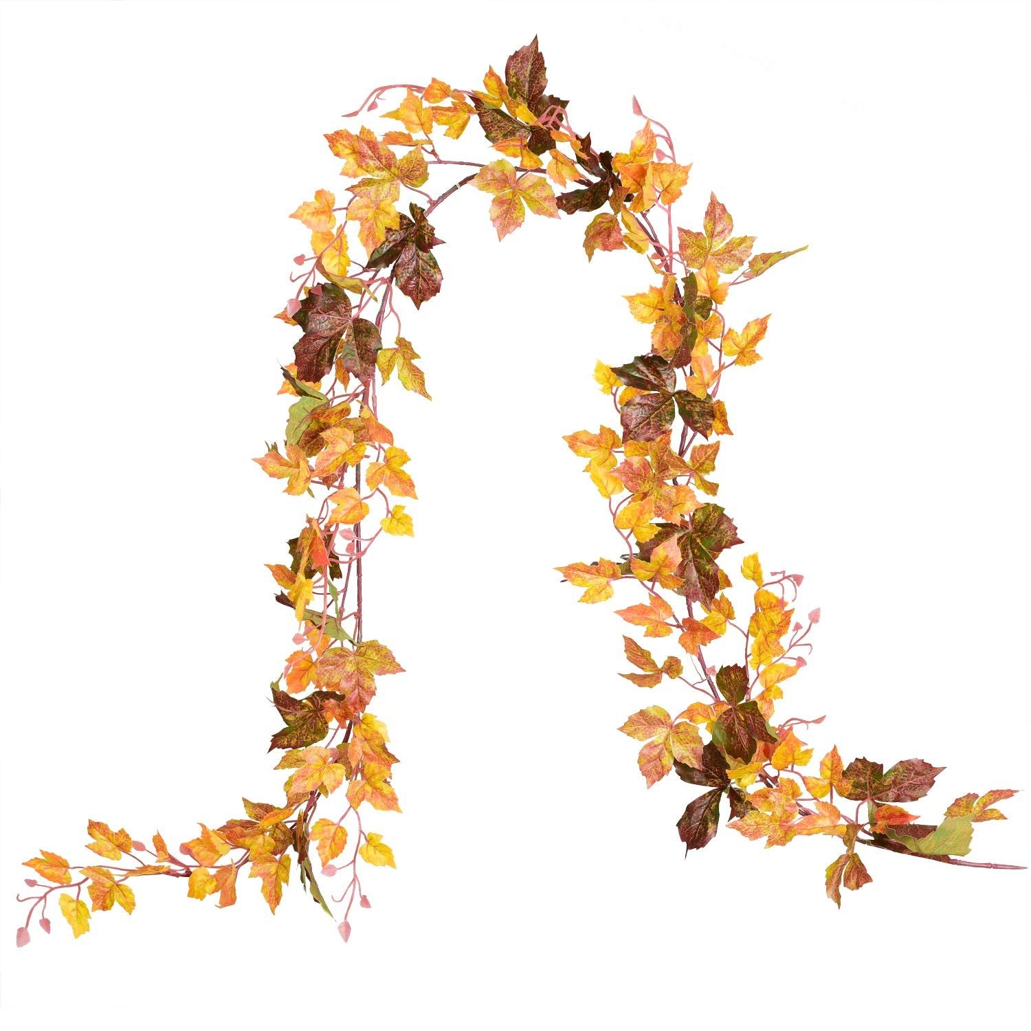 Artificial maple leaf vine garland with autumn foliage in orange, yellow, red, and green, displayed on a white background.