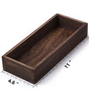 Rectangular dark wood planter tray with dimensions 11 inches by 4.6 inches shown from a slight angle