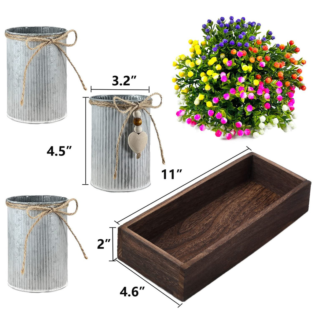Artificial Milan flower centerpiece set with wooden tray and three metal pots, showing dimensions