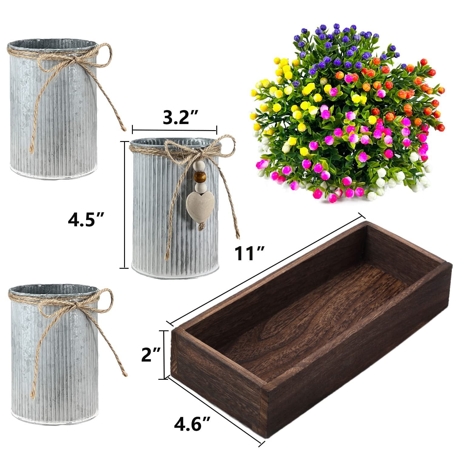 Artificial Milan flower centerpiece set with wooden tray and three metal pots, showing dimensions