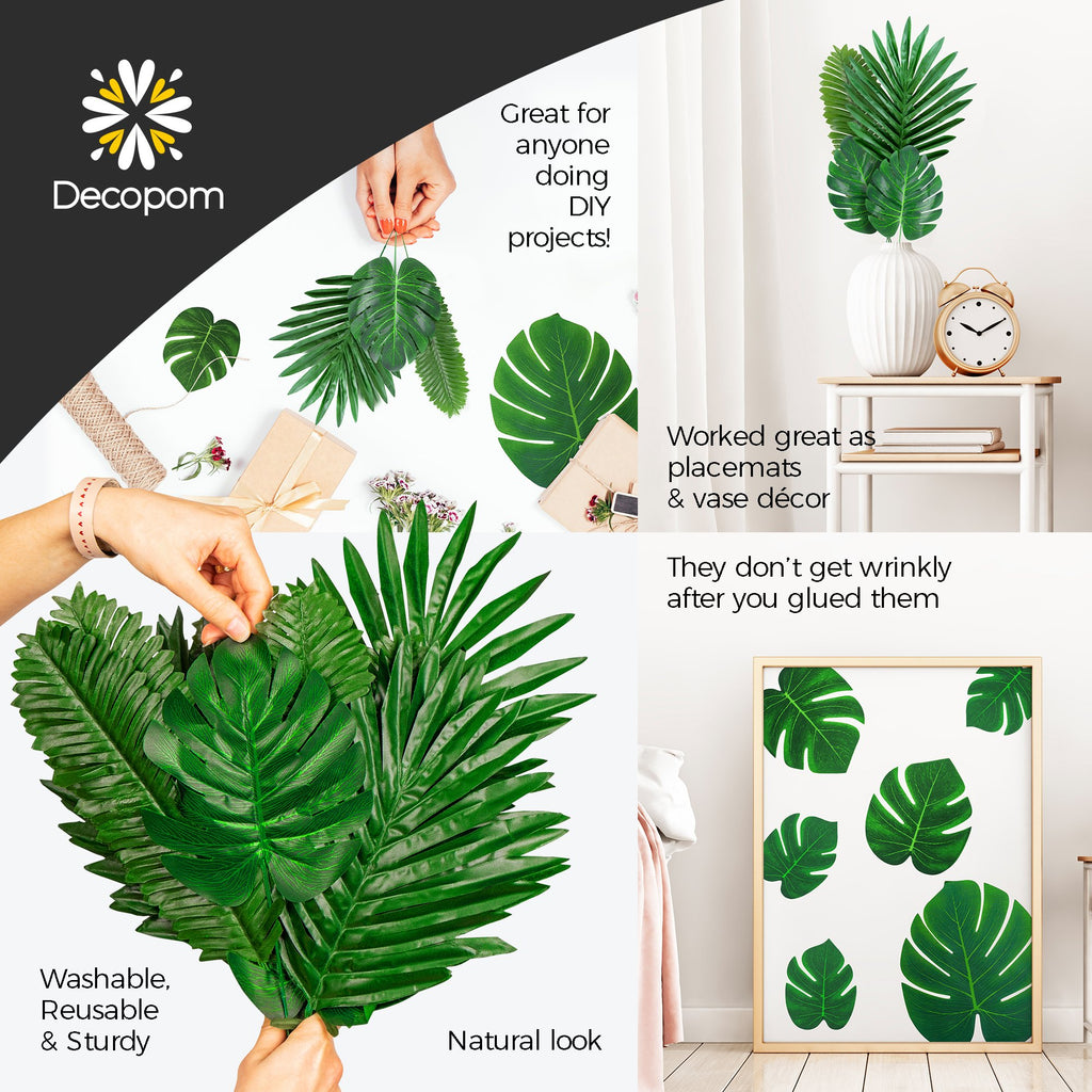 Collage of artificial palm leaves in various arrangements and settings, showcasing DIY projects and decor.