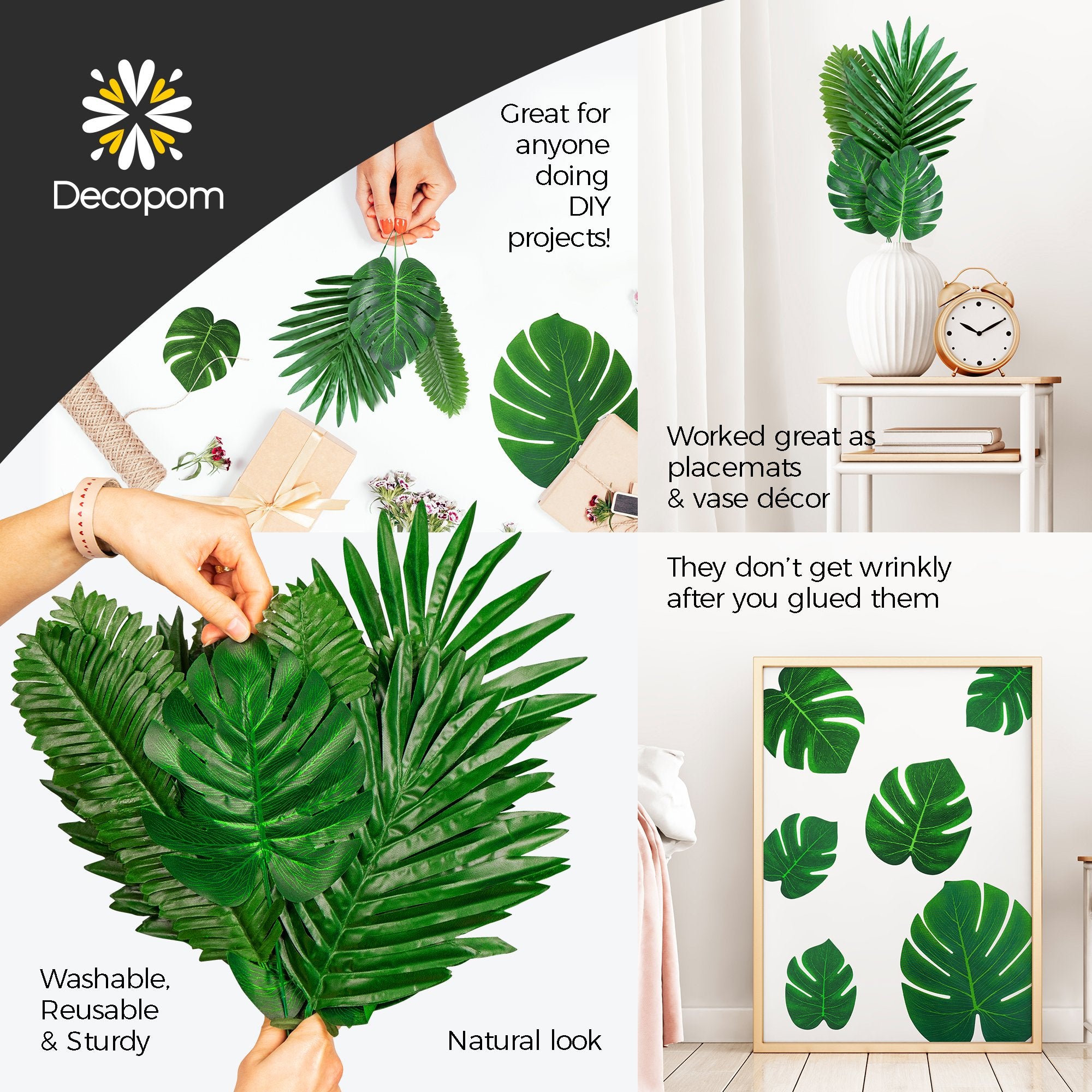 Collage of artificial palm leaves in various arrangements and settings, showcasing DIY projects and decor.