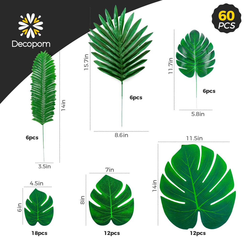 Six styles of artificial palm leaves with size and quantity callouts, and logo.