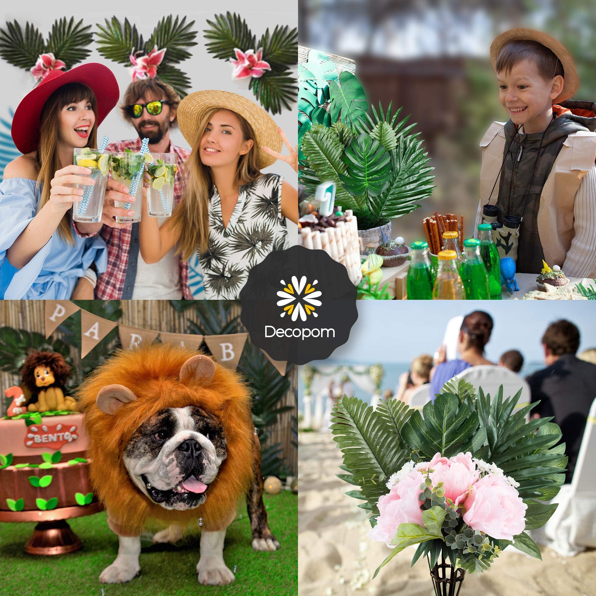 Collage of tropical party scenes: people toasting, jungle-themed cake with dog in lion costume, child explorer, and floral arrangement.