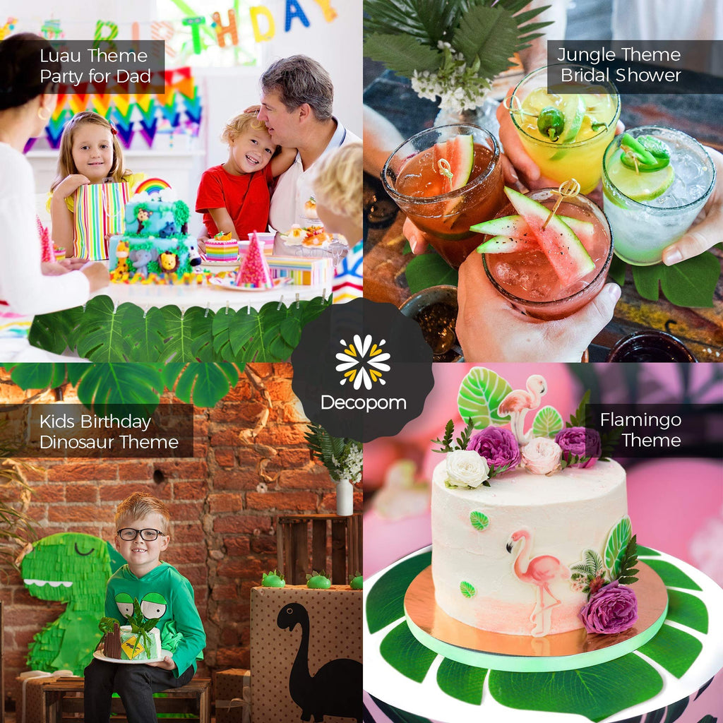 Collage of party themes: luau, jungle, dinosaur, and flamingo, with tropical leaves and cakes.