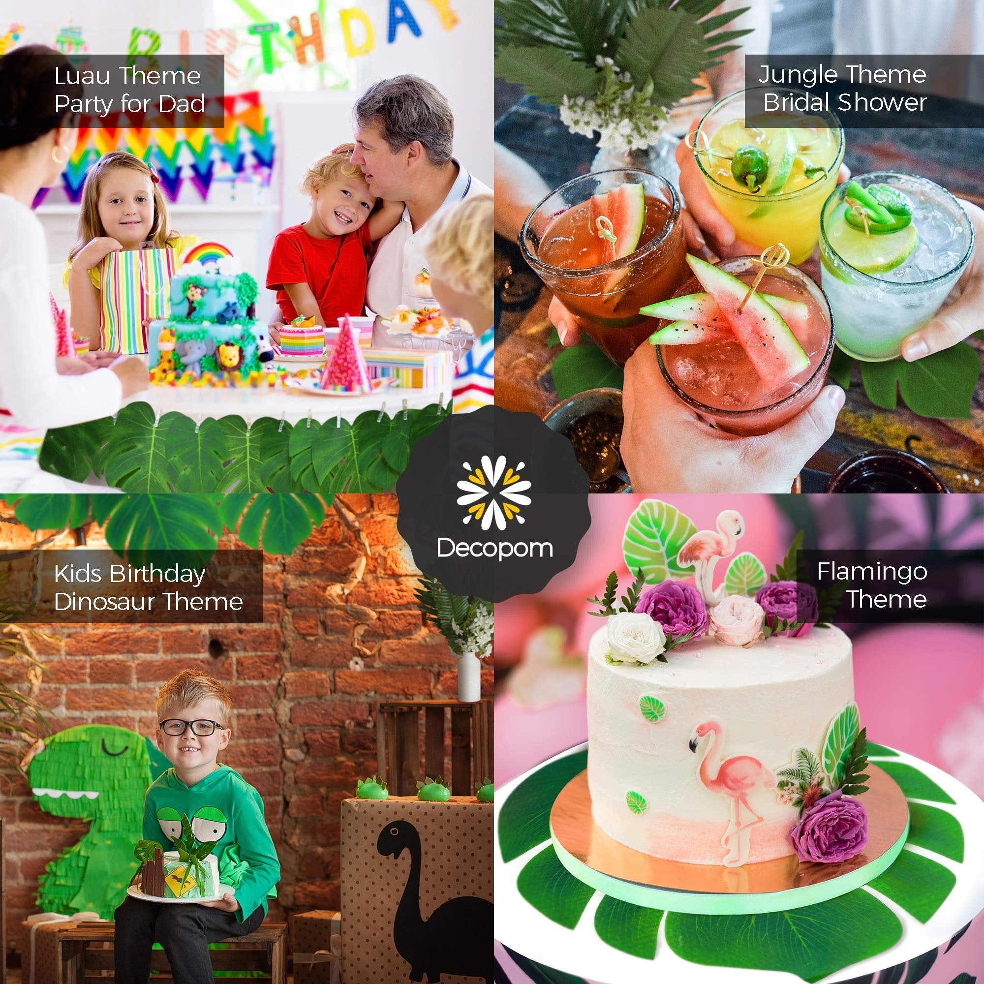 Collage of party themes: luau, jungle, dinosaur, and flamingo, with tropical leaves and cakes.