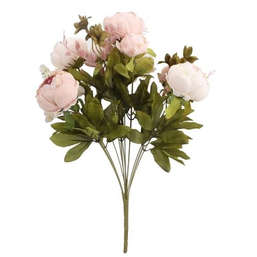 Light pink artificial peony flower bouquet with green leaves and buds, isolated on white.