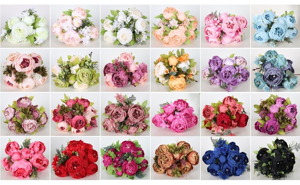 Collage of artificial peony flower bouquets in various colors including pink, white, green, blue, purple, red, and black.