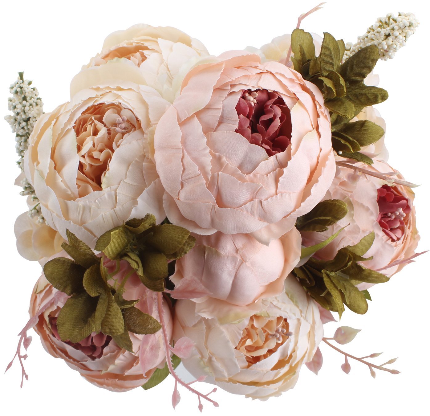 Light pink and cream artificial peony flower bouquet with buds and green leaves, top-down view.