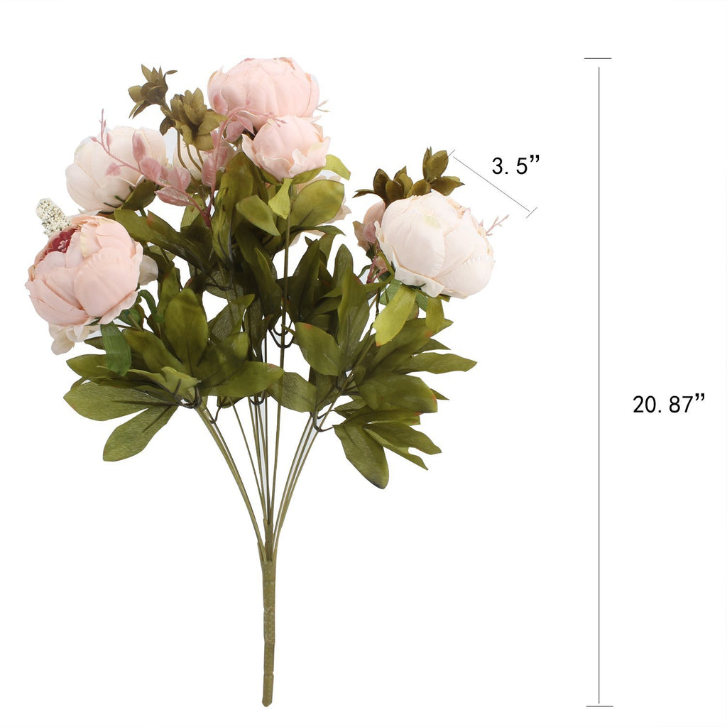 Light pink artificial peony flower bouquet with green leaves, shown with dimensions 3.5 inches wide and 20.87 inches long.