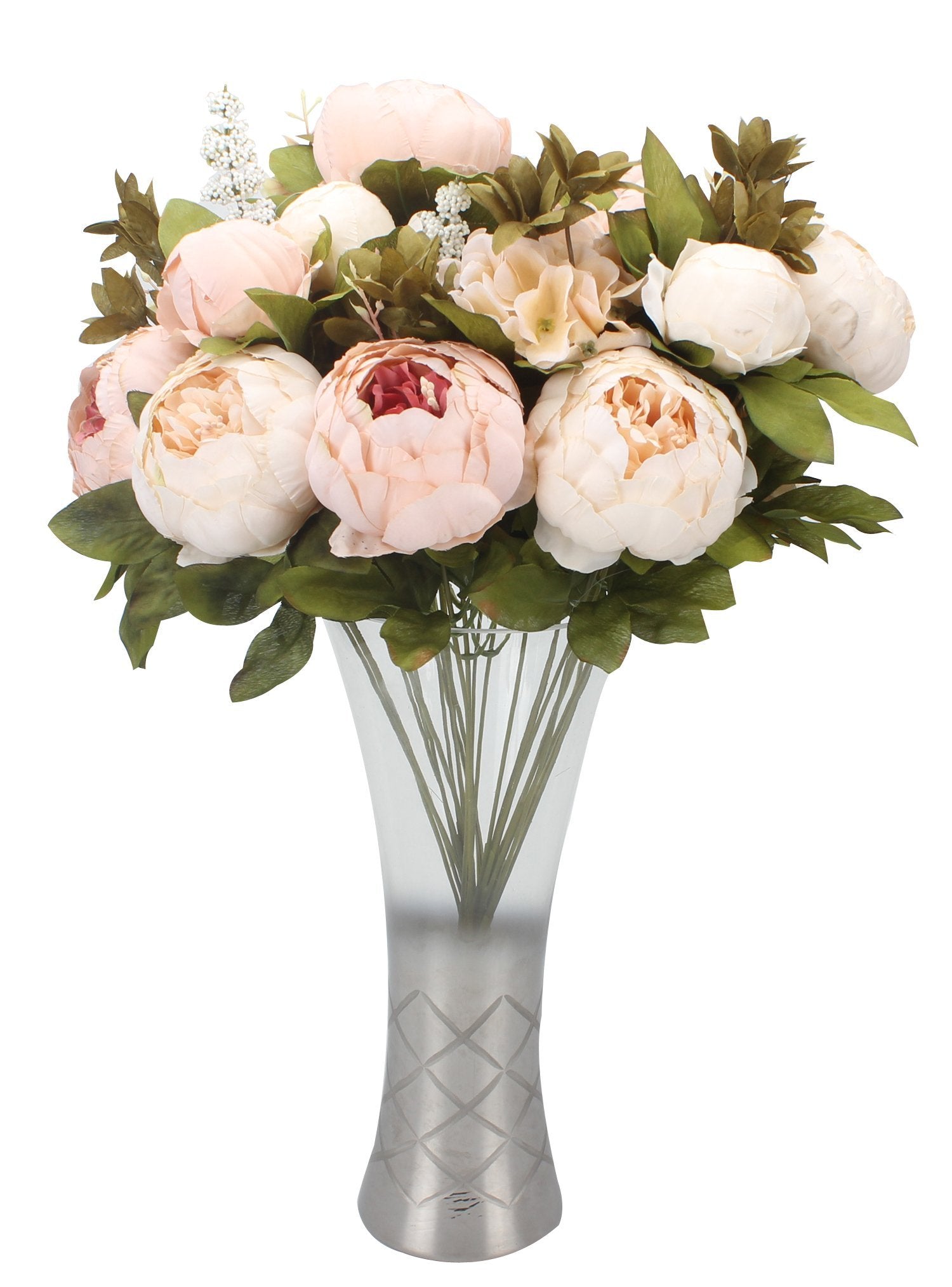 Light pink and cream artificial peony bouquet with buds in a frosted glass vase with diamond pattern