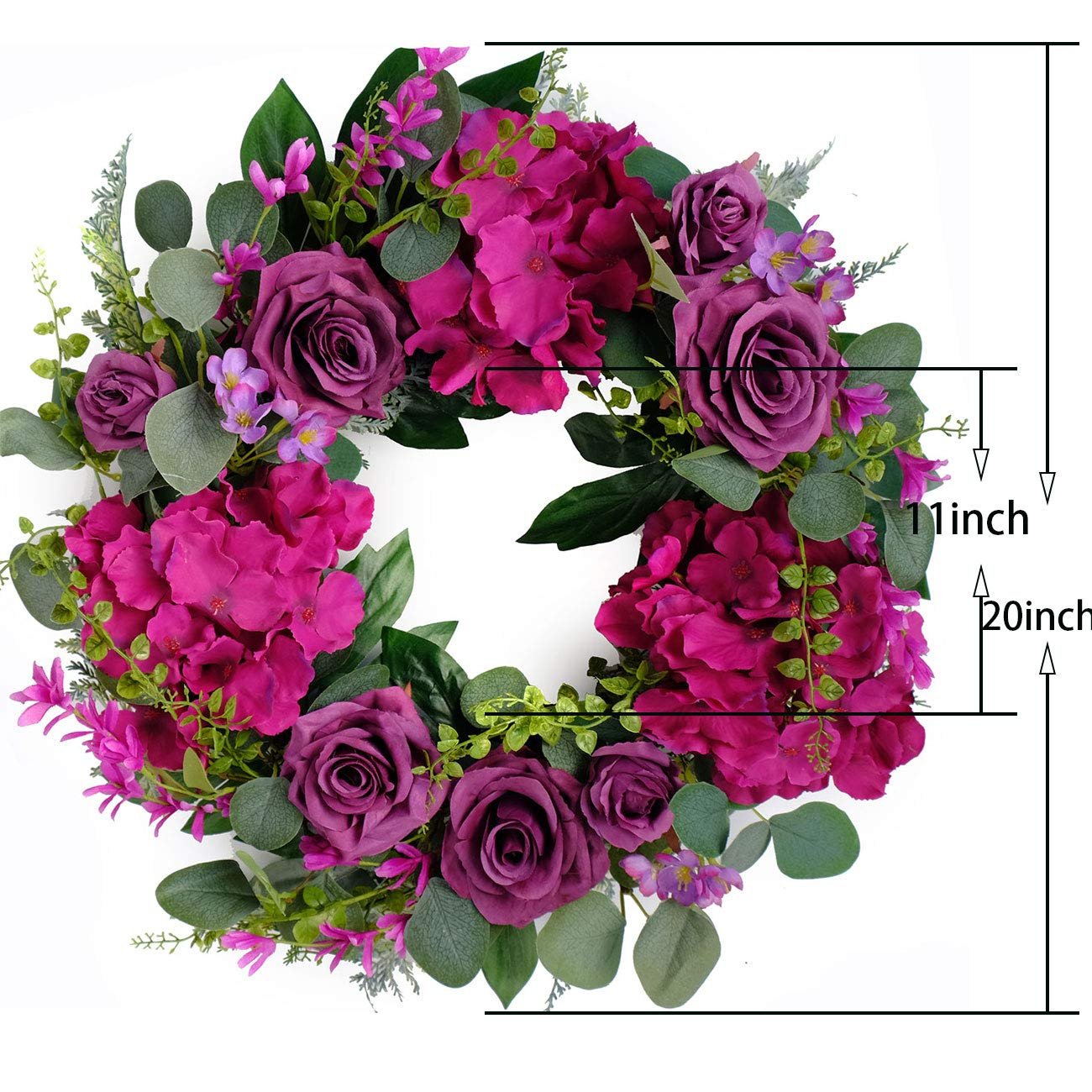 Purple rose and hydrangea wreath with eucalyptus leaves, showing 11-inch and 20-inch dimensions.