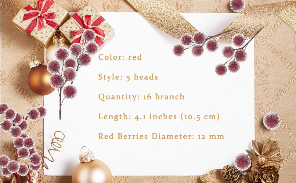 Artificial red holly berry picks with frosted foam balls, displayed with Christmas ornaments and gift boxes on a textured background.