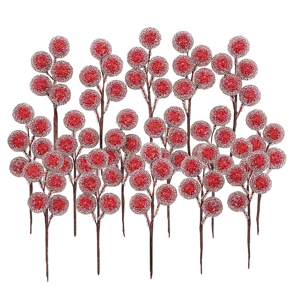 Artificial red holly berry picks with frosted foam balls on brown stems, arranged in a cluster against a white background.