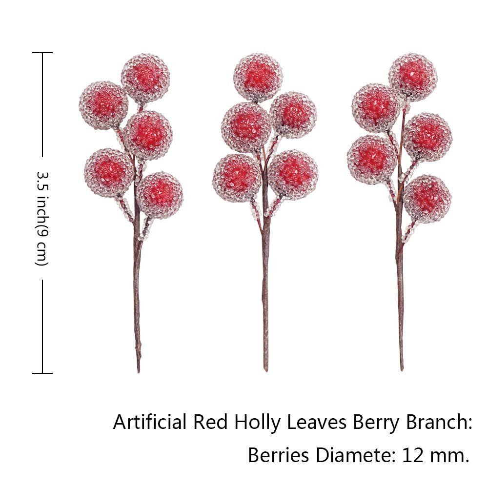 Three artificial red holly berry branches with frosted foam balls on white background, showing size reference.