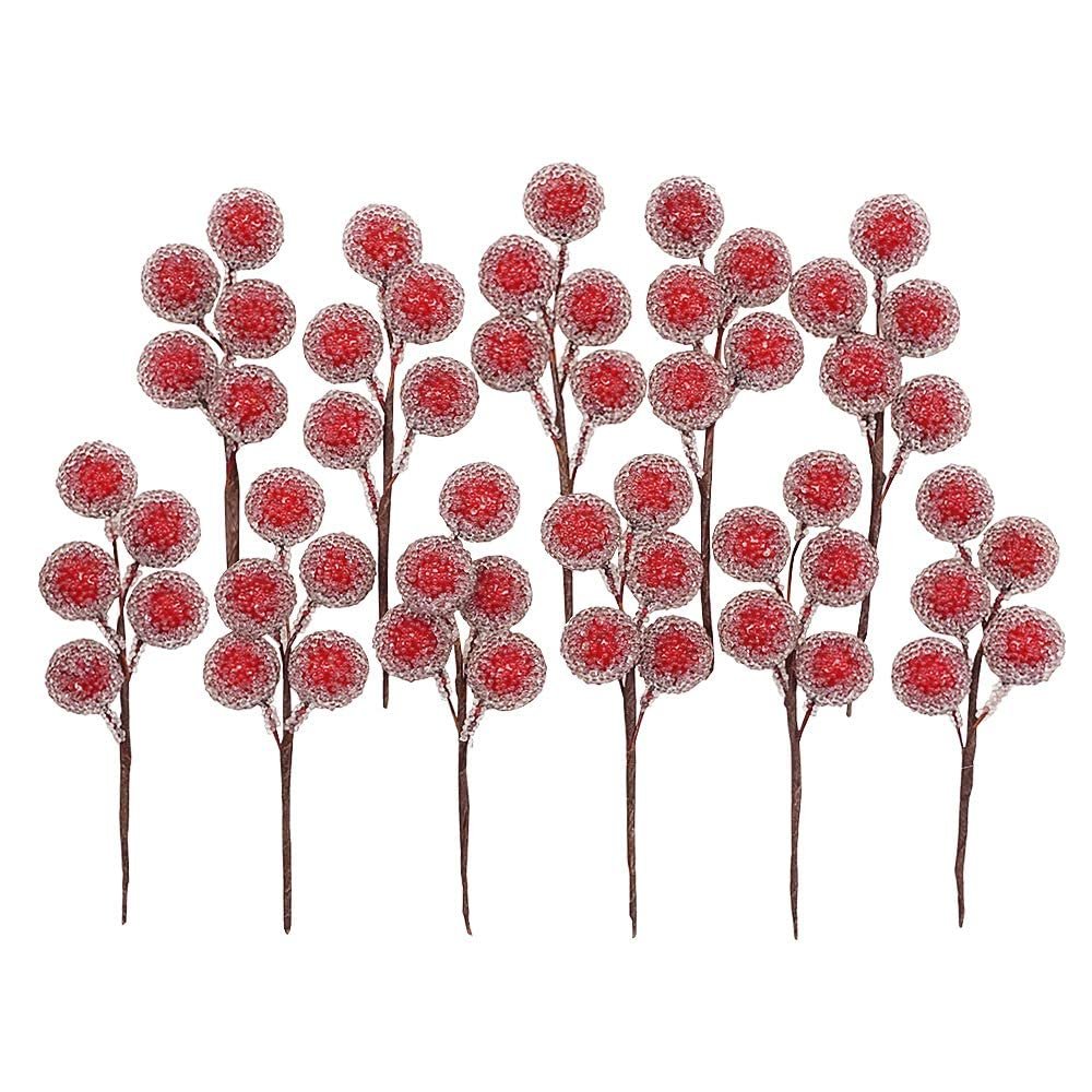 Artificial red holly berry picks with frosted foam balls on brown stems, arranged in a cluster against a white background.