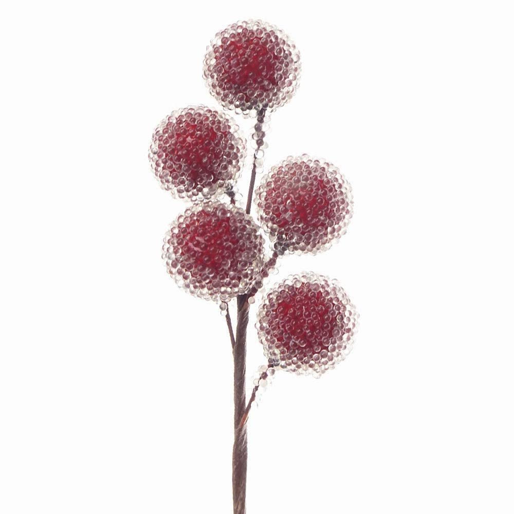 Artificial red holly berry pick with clear beaded clusters on a white background