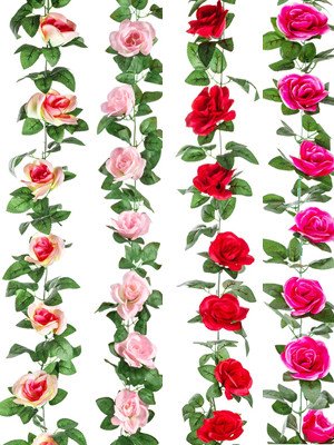 Four artificial rose vine garlands with silk flowers in red, pink, and white on a white background.