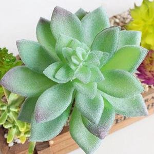 Close-up of a light green artificial succulent plant with flocked texture and purple-tipped leaves, set against a blurred background of other faux plants and a wooden planter.
