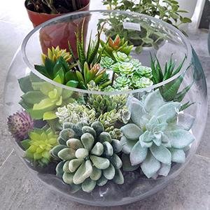 Glass bowl filled with a variety of unpotted artificial succulent plants, including fuzzy and spiky varieties.