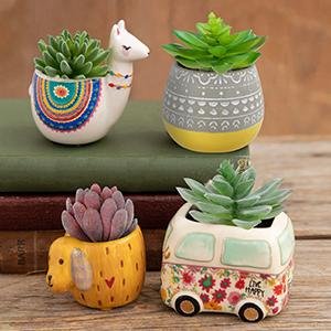 Four decorative faux succulent planters shaped like a llama, elephant, bus, and patterned pot, arranged on books.