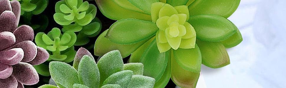 Close-up of assorted artificial succulent plants in shades of green and purple, with flocked texture.
