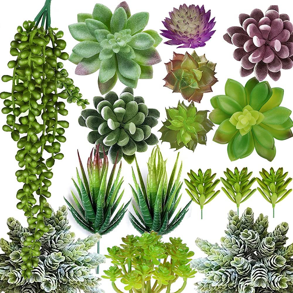 Collection of 16 unpotted artificial succulent plants in various shapes and sizes, displayed against a white background.