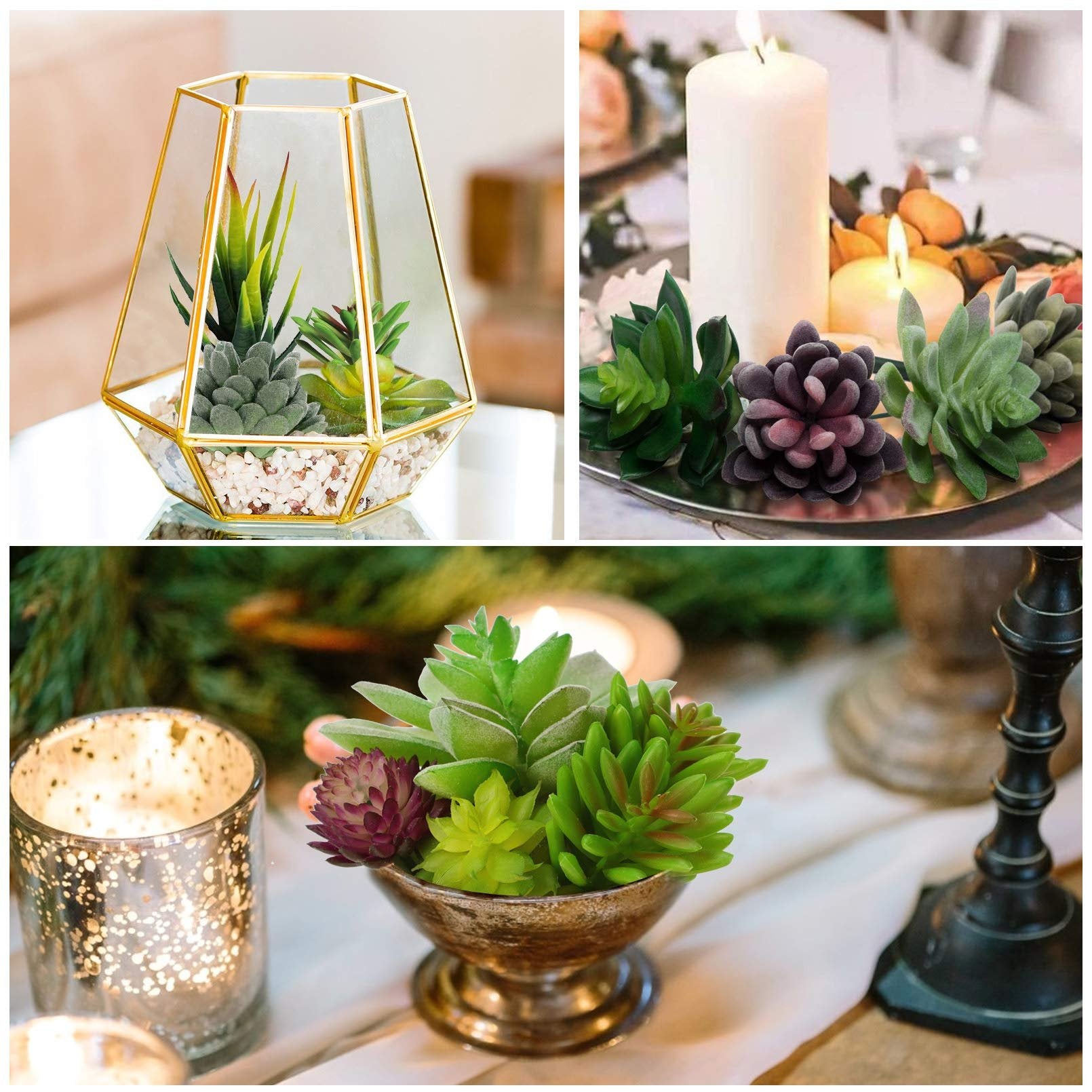 Assortment of artificial succulents displayed in various decorative settings, including a geometric terrarium and a small bowl.