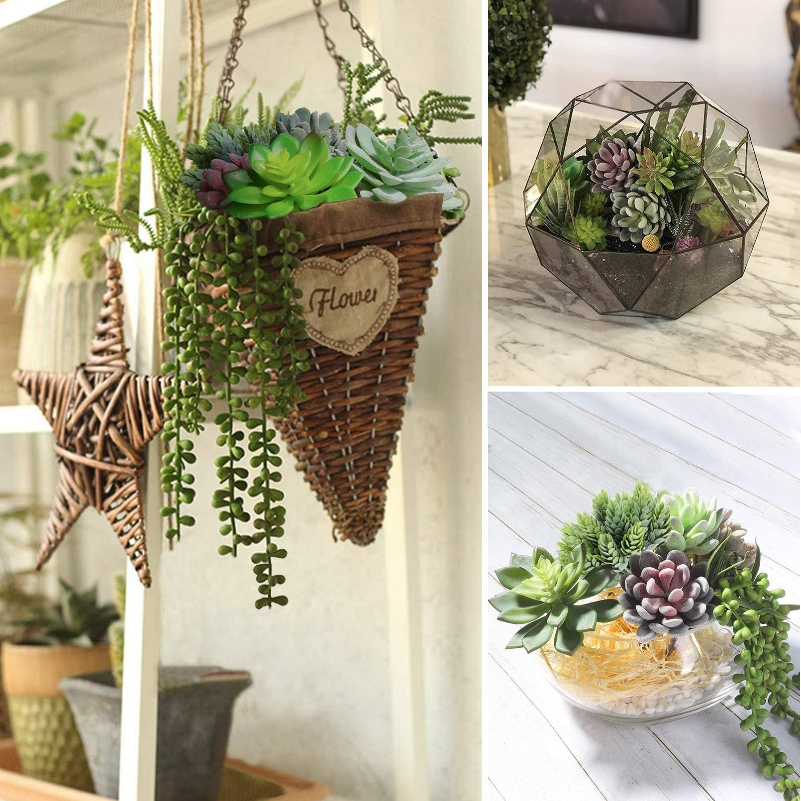 Collage of artificial succulent arrangements in hanging basket, geometric terrarium, and glass bowl.