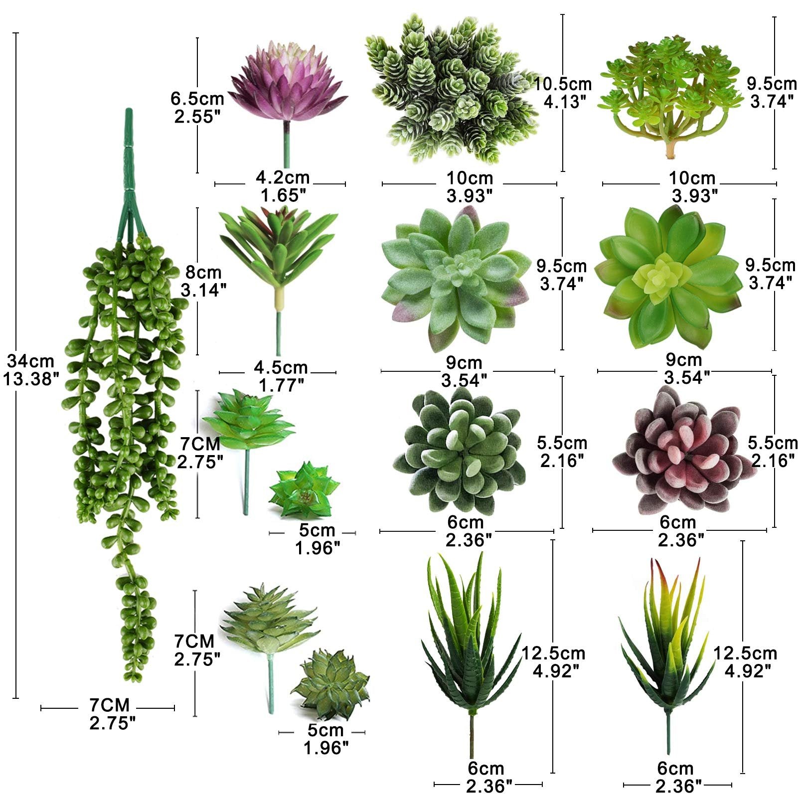 Collection of 16 unpotted artificial succulent plants with size and dimension callouts, displayed against a white background.