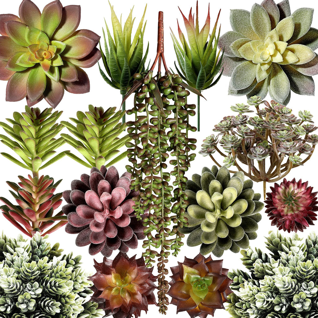 Assorted artificial succulent plants with textured finish, including aloe and cactus varieties, displayed against a white background.