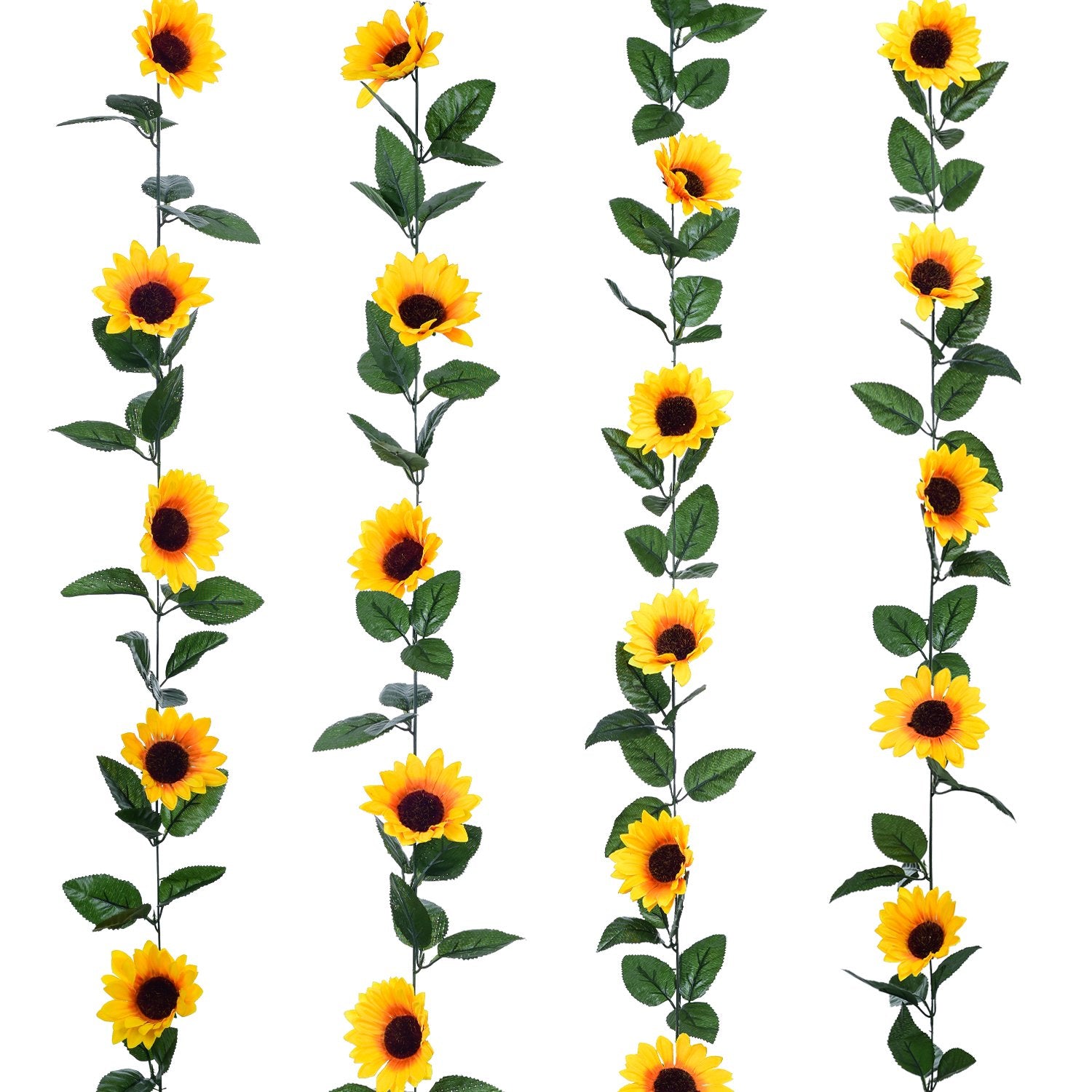 Four artificial sunflower garlands with green leaves against a white background.