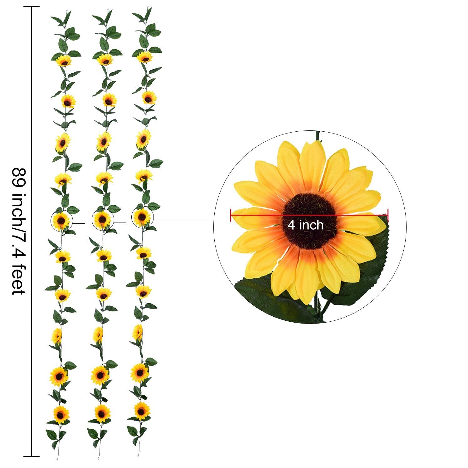Three artificial sunflower garlands with green leaves, shown vertically with a close-up inset of a sunflower indicating 4-inch diameter.