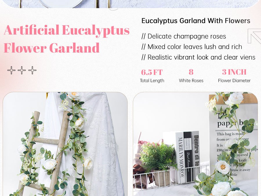 Artificial eucalyptus and white rose flower garland draped on a wooden ladder and against a white lace backdrop.