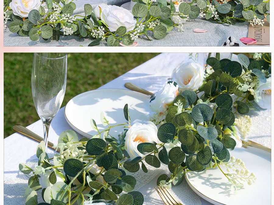 Artificial white rose and eucalyptus garland draped across a table setting with plates and champagne flute