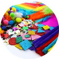 Assorted arts and crafts supplies including pipe cleaners, pom poms, feathers, and sequins.