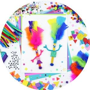 Arts and crafts supplies kit for kids, featuring two colorful feather and pipe cleaner figures on a white card, surrounded by craft materials like googly eyes, pom poms, and foam stickers.