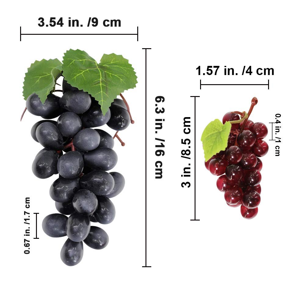 Two bunches of artificial grapes, one dark purple and one red, with dimension callouts showing size measurements in inches and centimeters.