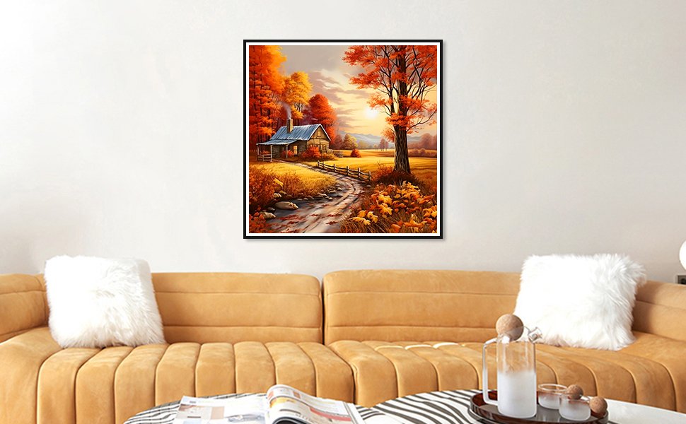 Diamond painting of a rustic cabin in an autumn landscape with a winding path and a stream.