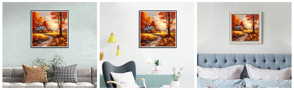 Diamond painting of a rustic cabin on a path surrounded by autumn trees, displayed in three different home settings.