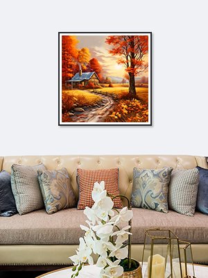 Diamond painting of a rustic cabin in an autumn forest with a winding path and sunset.