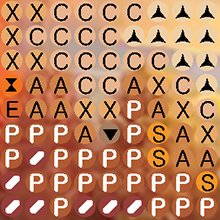Diamond painting canvas grid with letters and symbols, close-up detail of round gems and patterns.