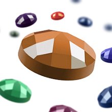 Close-up of a faceted orange gem with white accents, surrounded by other blurred colorful gems on a white background.