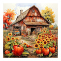 Autumn barn scene with pumpkins and sunflowers, watercolor style