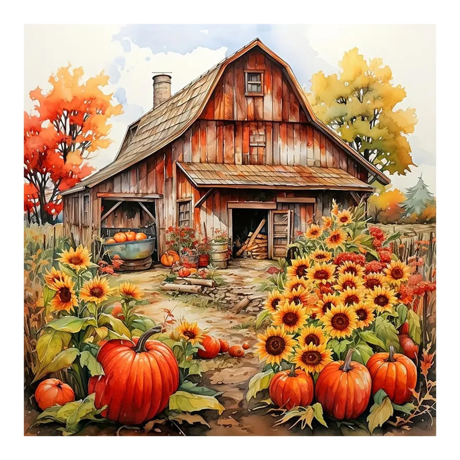 Autumn barn scene with pumpkins and sunflowers, watercolor style