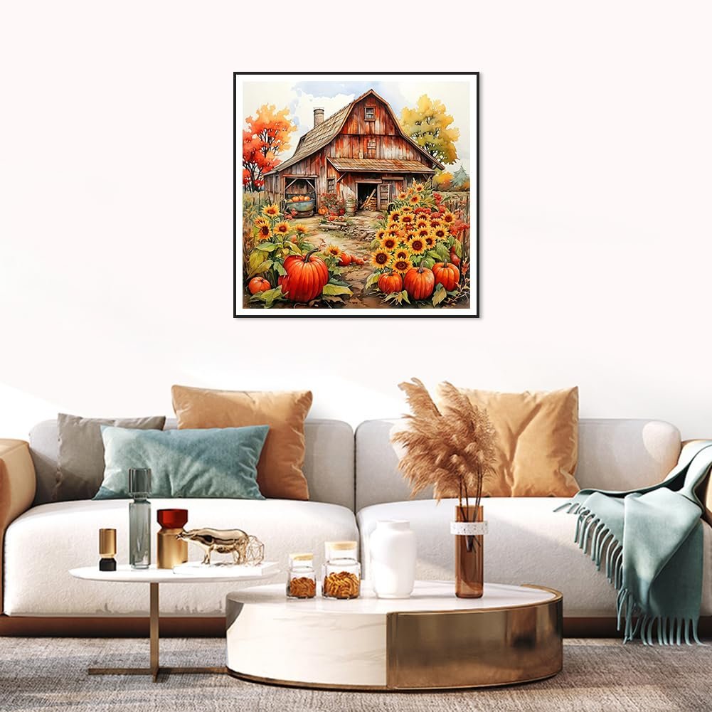 Diamond painting of a rustic barn surrounded by sunflowers and pumpkins in autumn