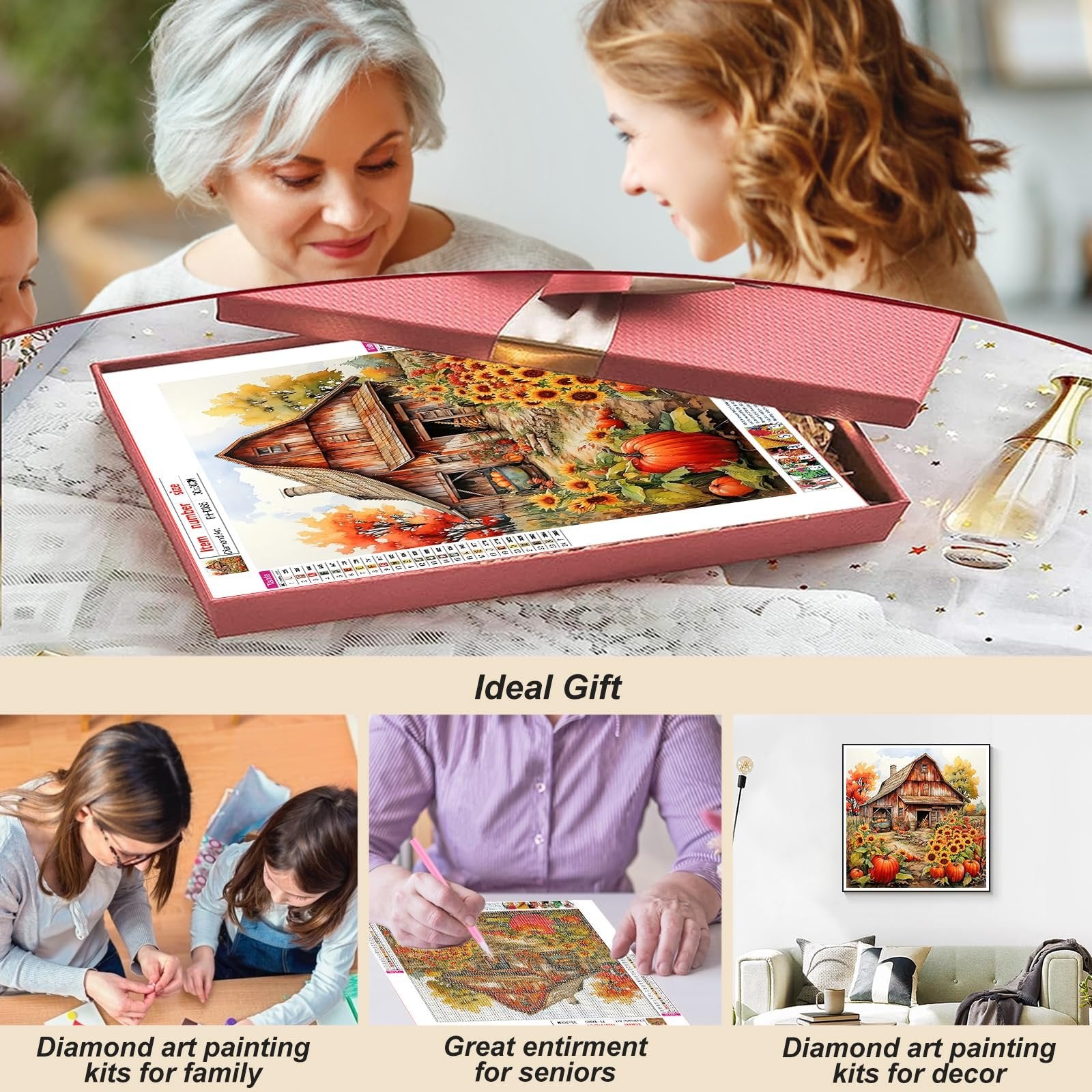 Family opening a diamond painting kit featuring a barn, pumpkins, and sunflowers. Three smaller images show people doing diamond art and a finished painting.