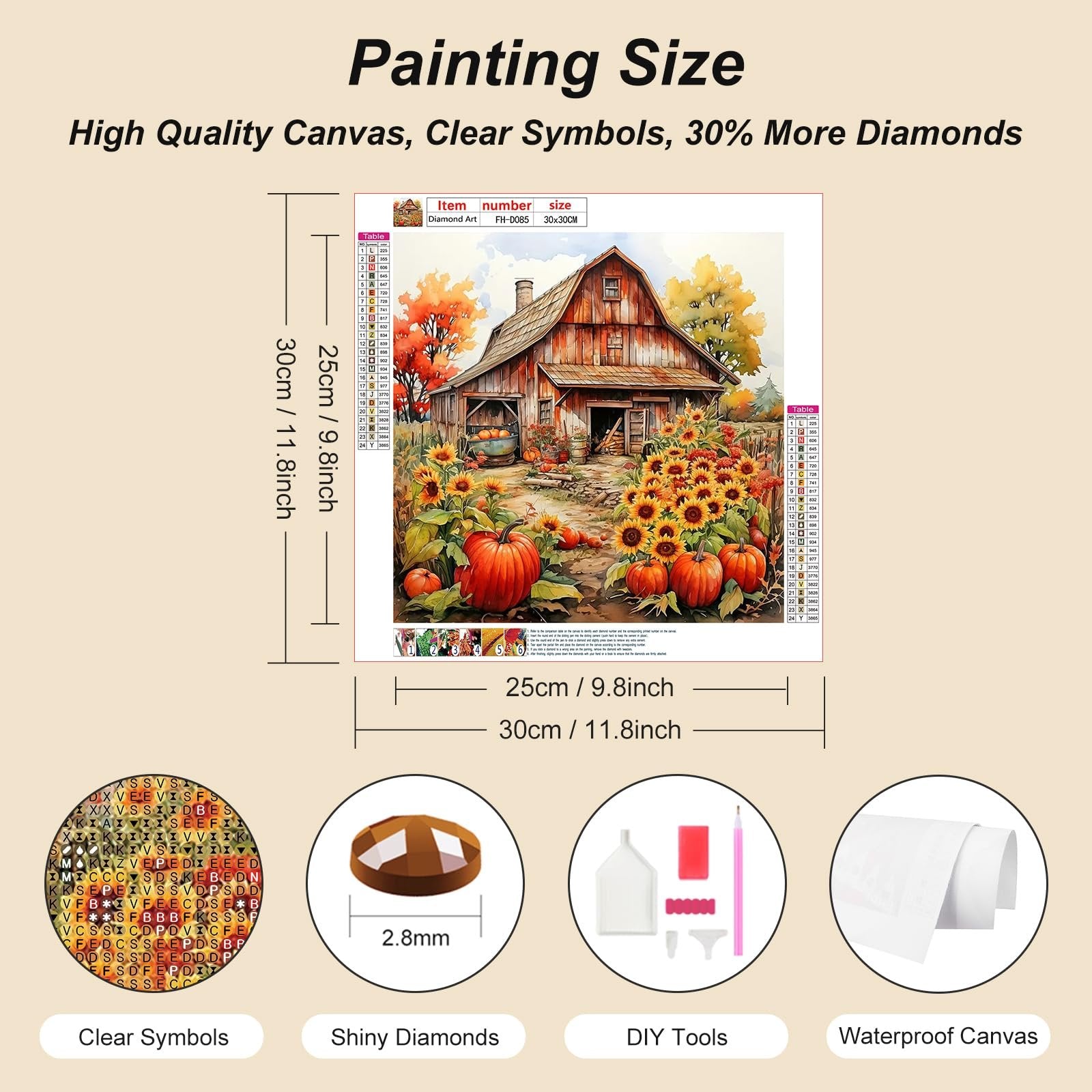 Diamond painting kit showing a barn and sunflowers with size and component details. Includes tables of symbols and colors.
