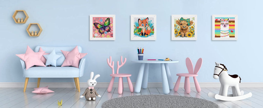 Children's room with four framed diamond art paintings of a butterfly, fox, cow, and llama hanging on the wall.